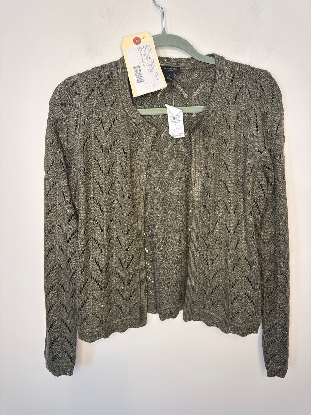 Ann Taylor Green Gold Metallic Cable Knit Sweater Small Shimmer Jacket Size S